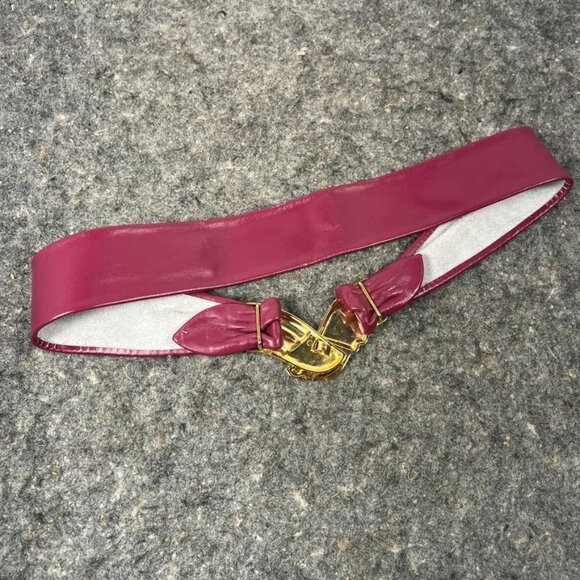 VTG 80's Liz Claiborne Deep Magenta Leather Belt w/ Gold Tone Buckle SM USA - Picture 7 of 15